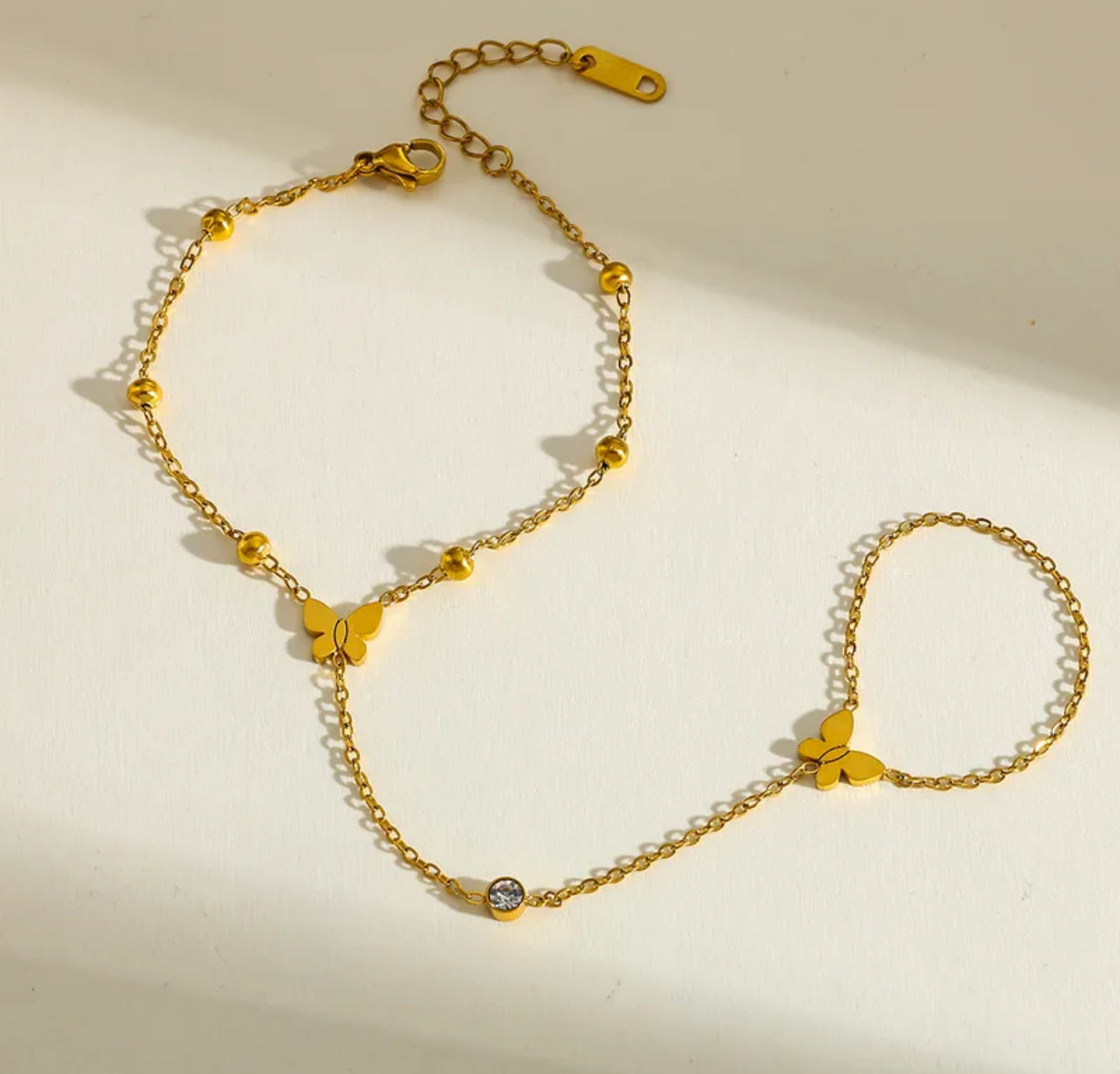 18k Gold plated stainless steel zirconia butterfly multi pendant bracelet with ring